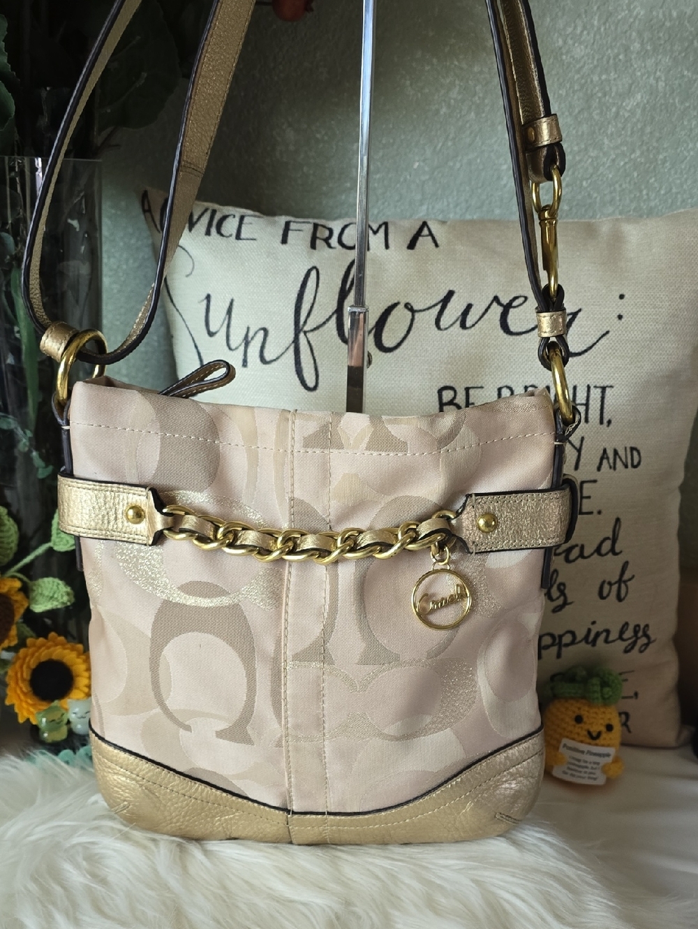Coach Cream and Gold Lurex Thread Chain Accent Shoulder Bag Or Crossbody